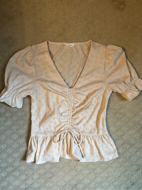 Sophie Rue Cream Textured Puff Sleeve Ruched Peplum Blouse Size Small